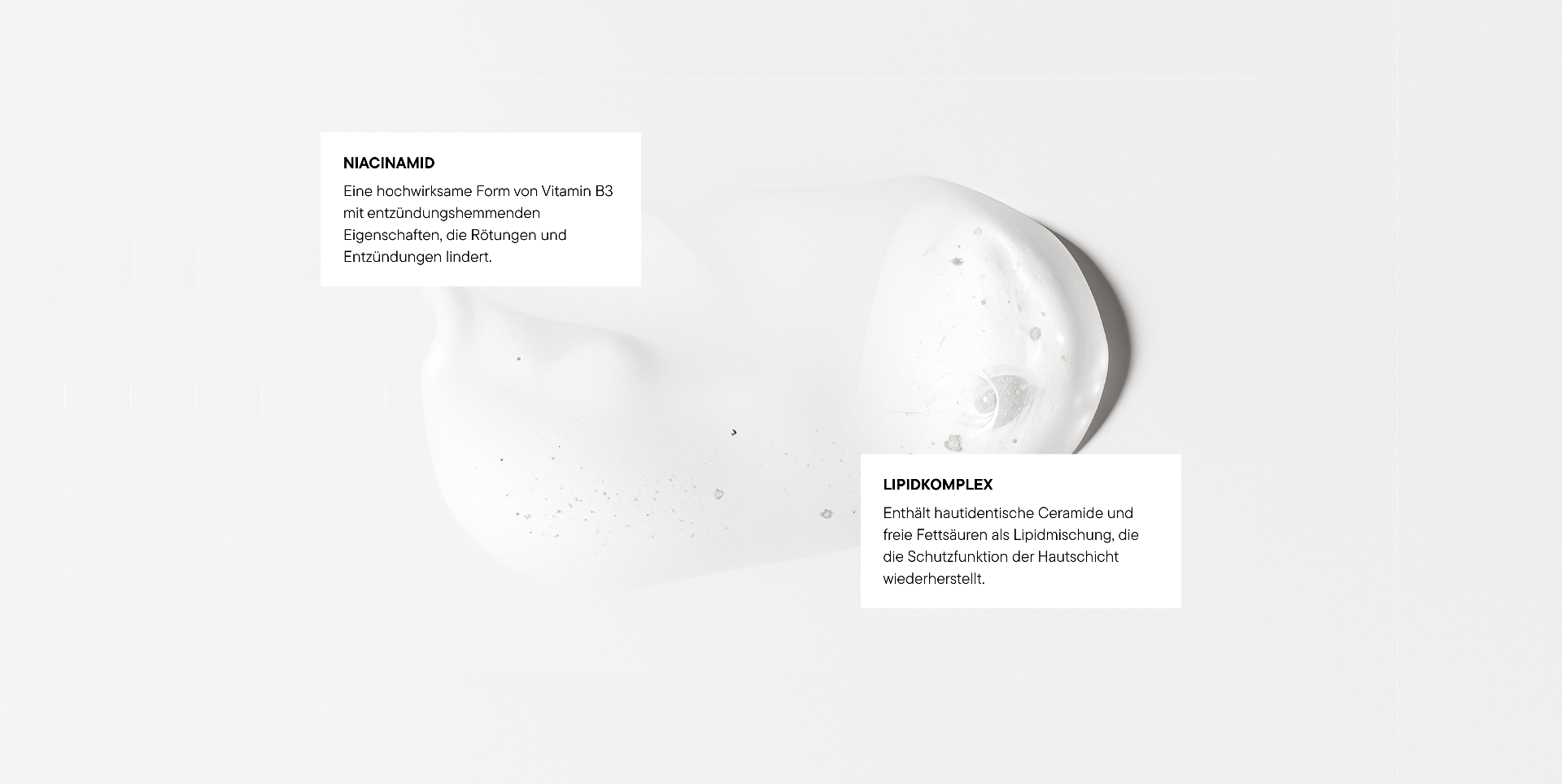 Waschgeltextur mit Beschriftungen zu den Hauptinhaltsstoffen Niacinamid und Lipidkomplex auf hellem Hintergrund